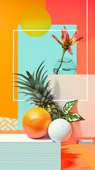 Wall Mural - Minimalist Still Life with Pineapple Orange and Flower