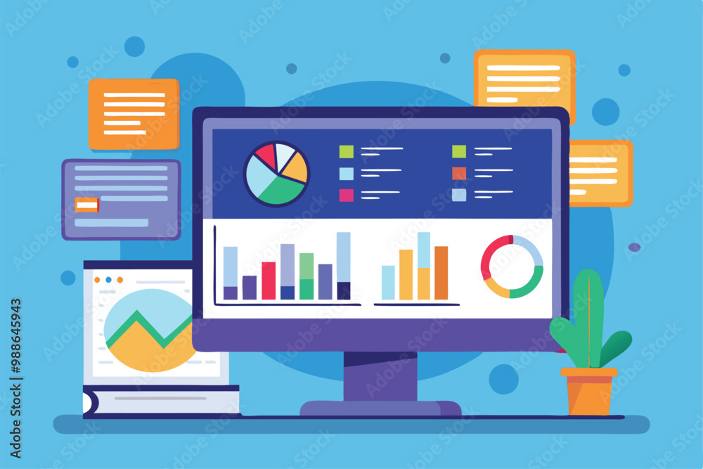 A computer screen showcases data visuals with colorful charts and ...
