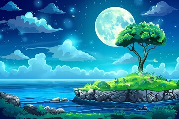 Sticker - Night Sky Illustration with a Tree on a Small Island