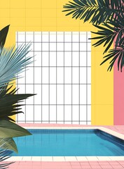 Wall Mural - Minimalist Pool with Grid Wall and Palm Leaves Illustration