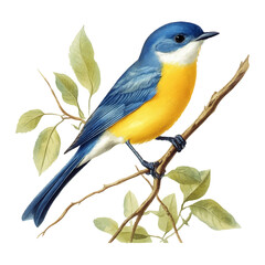 blue and yellow birds perched on a branch on a white background.