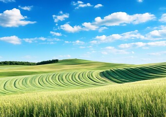 Poster - Green Rolling Hills Landscape with Blue Sky and Clouds