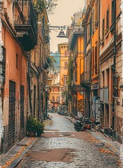 Sticker - Narrow Street in Italy with Cobblestone and Building Facades