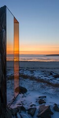 Poster - Glass Building Reflecting Sunset Over Snow Covered Beach