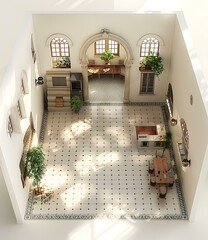 Wall Mural - Top View of a White Interior Room with Wooden Furniture