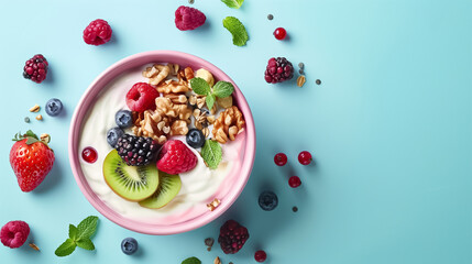 Breakfast dessert with strawberries, raspberries, and walnuts in a pink bowl