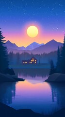 Wall Mural - Mountain Cabin Illustration With Lake and Full Moon