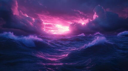 Dark ocean glowing waves beneath vibrant neon lit sky tranquil view picture