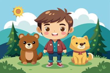 Sticker - A cheerful cartoon boy stands with a dog and a bear under the sun in a vibrant forest setting, Cute cartoon boy with dog and bear