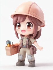 A cute chibi character in a construction outfit, holding a toolbox with tools.