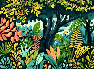 Wall Mural - Colorful Illustration of a Lush Forest with Trees and Plants