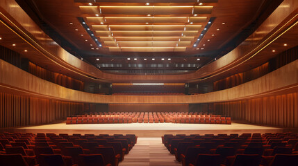 Empty concert hall during the day with plush seats awaiting the next performance