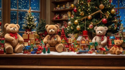 a teddy bear is sitting on a table with a christmas tree in the background on toy store