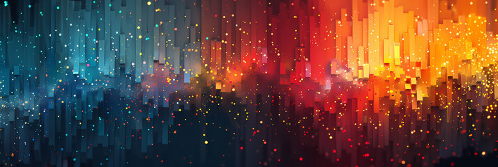 Wall Mural - Abstract digital art featuring a blend of blue, red, and orange hues. The background is a canvas of twinkling lights, giving an impression of depth and movement.