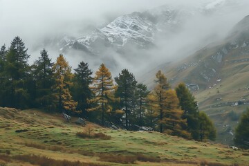 Wall Mural - Misty Mountain Landscape With Snow And Trees