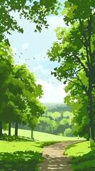 Poster - Green Forest Path Illustration with Birds in the Sky