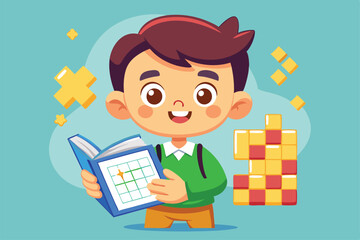 Poster - A cute cartoon schoolboy smiles while juggling a book and a crossword puzzle, Cute cartoon schoolboy with book and crossword