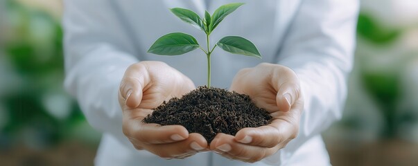 Canvas Print - A person holds a small plant in soil, symbolizing growth and care for the environment.