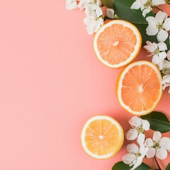 Wall Mural - Fresh Sliced Oranges and White Flowers on Pink Background