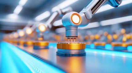 Poster - Futuristic robotic arm in an automated industrial factory setting