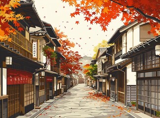 Wall Mural - Autumnal Japanese Street Scene Illustration