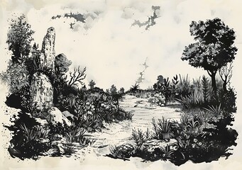 Sticker - Black and White Ink Illustration of a Path Through a Forest