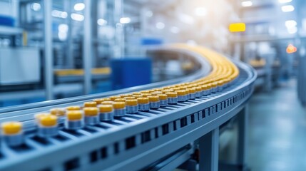 Sticker - A conveyor belt transports yellow-topped containers in a modern industrial setting, showcasing automation and efficiency in production.