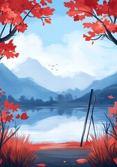 Wall Mural - Autumn Landscape Painting With Red Leaves On Trees And Mountains