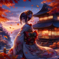 A serene anime girl in a detailed kimono, gazing over a peaceful landscape with traditional Japanese architecture amidst falling autumn leaves under a twilight sky.