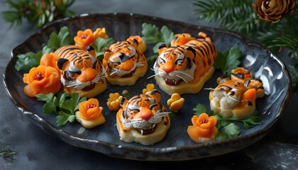 Wall Mural - Gourmet pastry shells filled with tiger shrimp for festive New Year celebrations