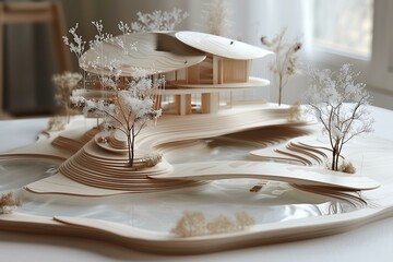 Wall Mural - a wooden model of a modern house with a curved roof and a bridge over a body of water