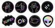 © Ilonka eva - Holographic sticker icons template and label with holographic effect hand gestures like, two thumbs up, rock n roll sign, super, ok, alien. Shiny Hologram rainbow emblems in retro style y2k .Vector