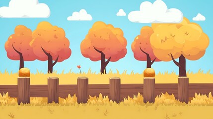 Sticker - Cartoon Autumn Landscape with Trees and Fence