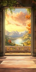 Wall Mural - Scenic View Through a Window with Stone Frame