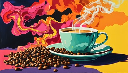 Vibrant pop art depiction of coffee cup, beans, and smoke against a colorful backdrop