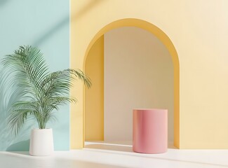 Sticker - Minimalist 3D Render of Archway With Pink Cylinder and Plant