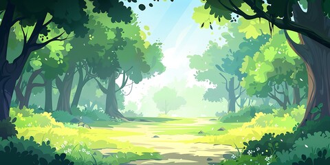 Poster - Forest Path Illustration with Green Trees and Sunlight