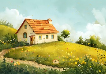 Poster - Small House on a Hill with Wildflowers