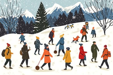 Sticker - People Walking in Snowy Mountain Landscape Illustration