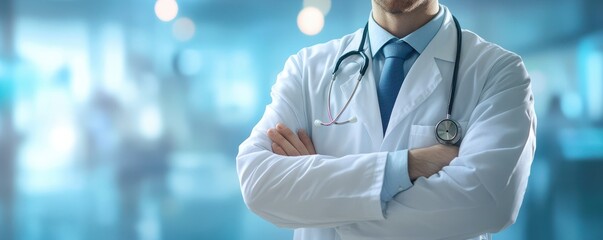 Wall Mural - Closeup of a healthcare professional in scrubs with arms crossed and a stethoscope around their neck,Doctor against a blurred background of medical staff in a hospital,clinic setting,Healthcare.