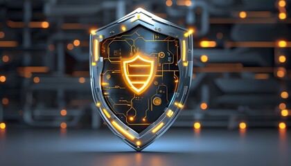 Wall Mural - Futuristic 3D Illustration of a Metallic Cybersecurity Shield Representing Advanced Protection