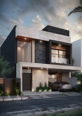 Sticker - Modern House with Black and White Exterior Design