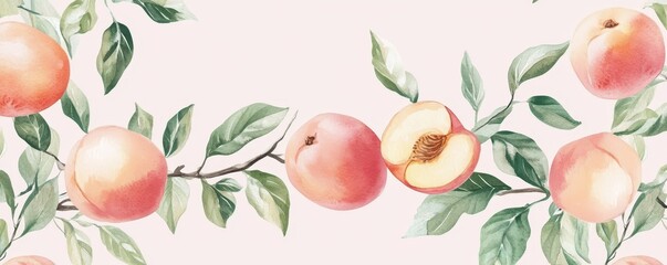 Set of watercolor illustrations of fruit peach,Peach with leaves seamless pattern,tender juicy fruits peaches,hand painted,menu smoothie,botanical watercolor.