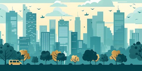 Wall Mural - Modern Cityscape with Silhouette of Buildings and Trees