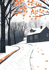 Canvas Print - Winter Landscape with House and Snowy Path