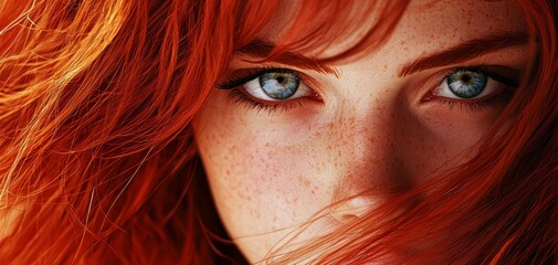 An 8k hyperrealistic portrait of a young woman with piercing blue eyes, long flowing red hair, and a serene expression