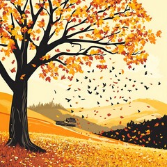 Poster - Autumn Landscape With Birds Flying In The Sky