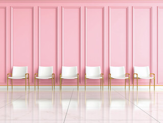 Three dimensional render of empty chairs in pink colored waiting room