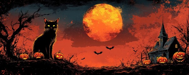 Silhouette of a black cat, haunted house, and jack-o'-lanterns illuminated by a large, eerie orange full moon on Halloween.