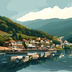 Poster - Peaceful Village By The Lake With Mountains In The Background